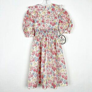 NWT Vintage Polly Flinders Smocked Floral Print Puff Sleeve Dress. Kids Size 10